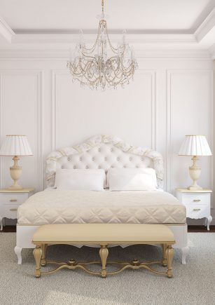 Classical white bedroom interior. 3d render. Photo behind the window was made by me.