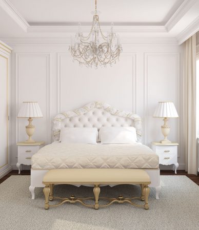 Classical white bedroom interior. 3d render. Photo behind the window was made by me.